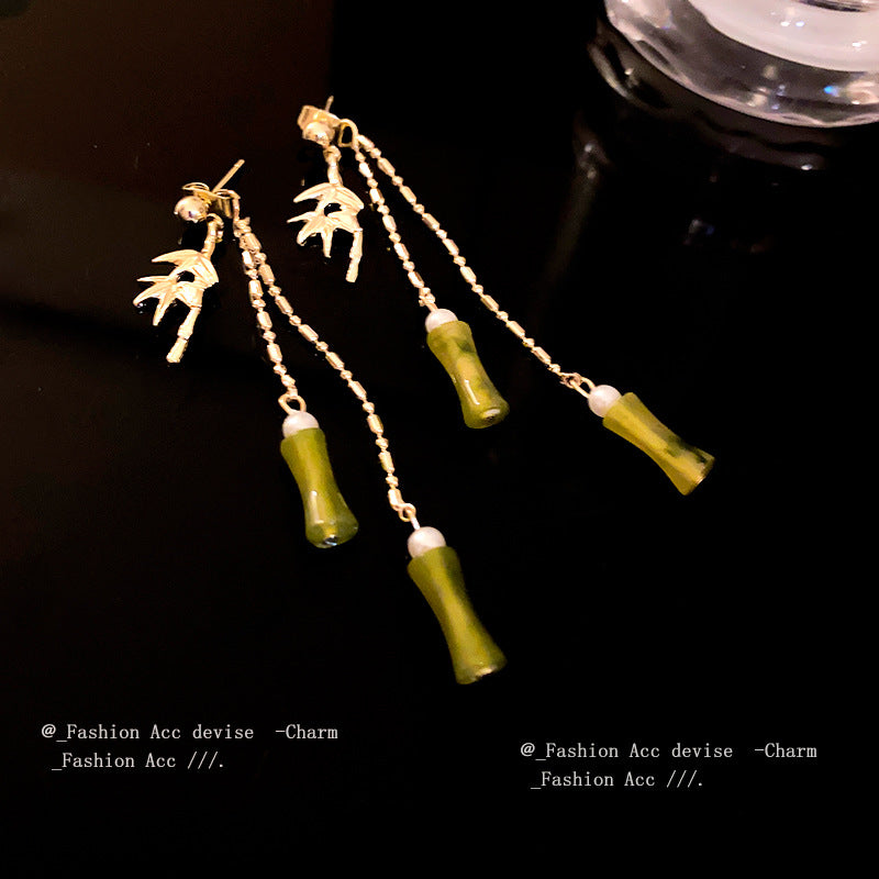 银针竹节珍珠流苏耳环新中式古风百搭耳钉简约小清新气质耳饰批发