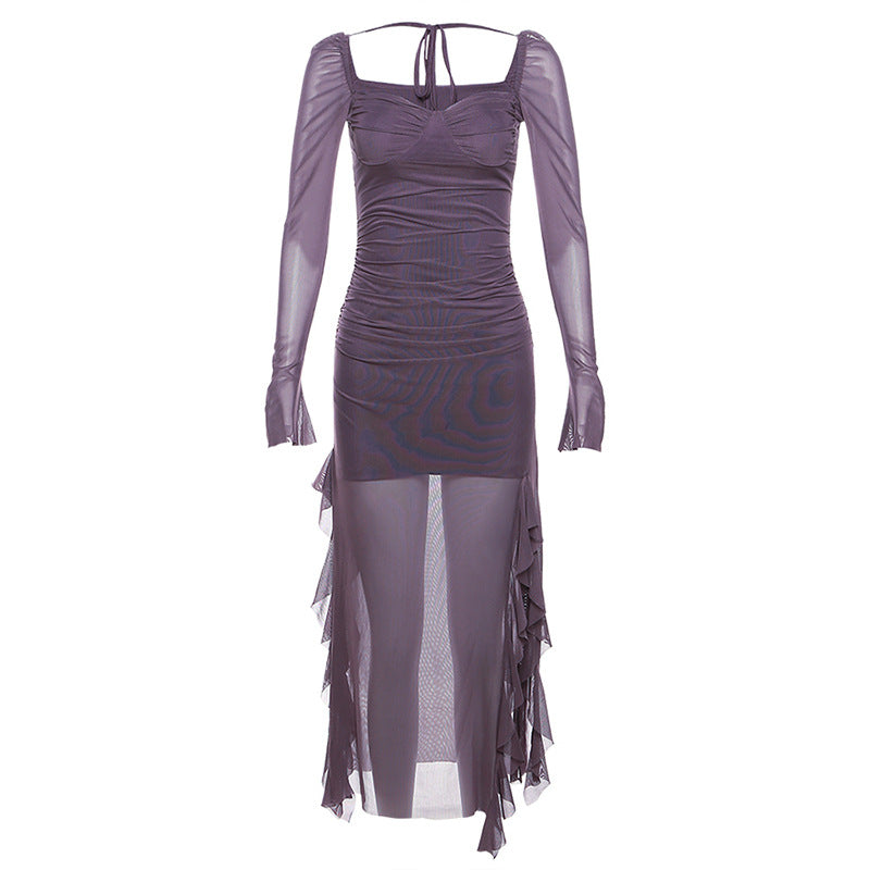 Free shipping   new women's clothing solid color slim-fitting high-waisted fashion square neck long-sleeved mesh dress tops
