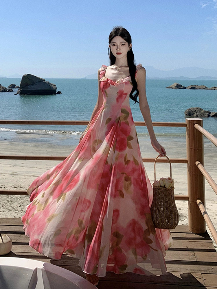 Fashion women's wear Tea Break French Chiffon Sling Dress Fairy Summer Sanya Seaside Vacation Beach Swing Long Dress Elegant
