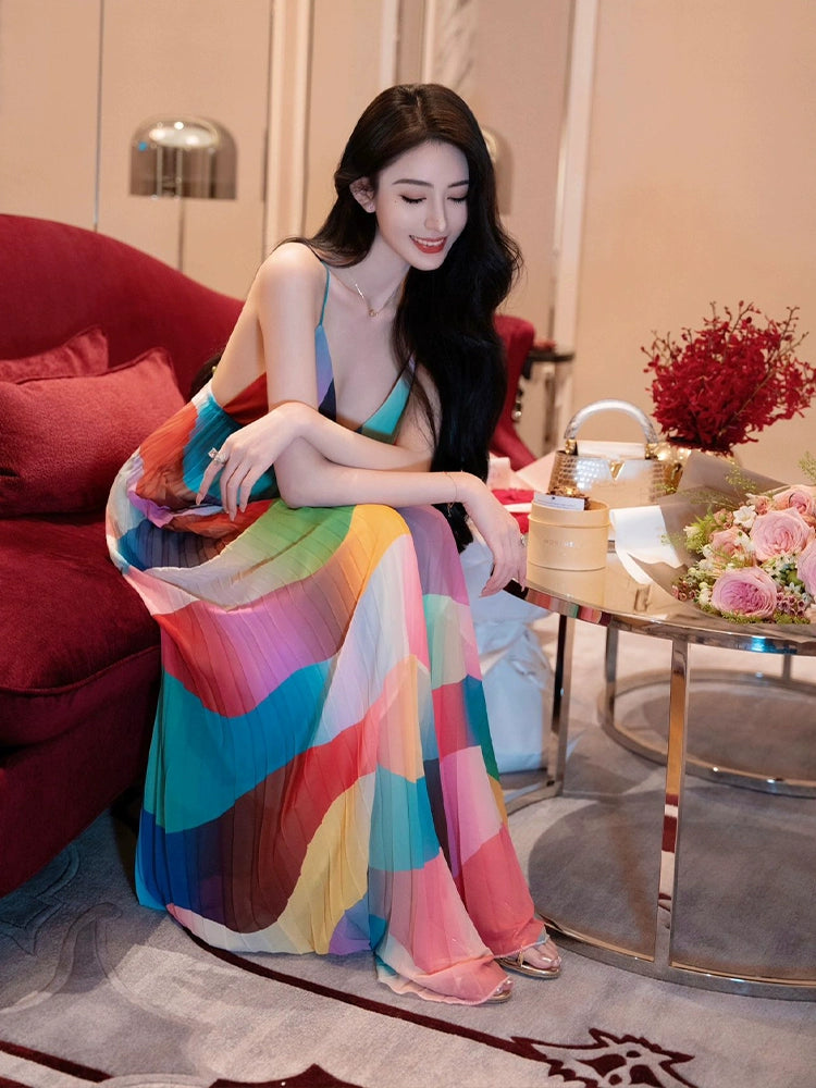 Fashion women's wear Rainbow Striped V-neck Strap Dress Women's Summer Beach Dress Sanya Vacation Style Sexy Backless Slim Fit Long Dress