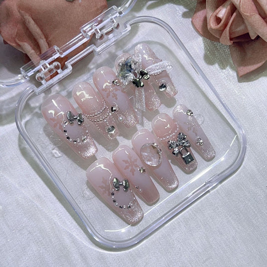 (Hand-Made Nail) Fine Silver Handmade Wear Nail Cat Eye Manicure Christmas White Autumn and Winter Exquisite Nail Stickers