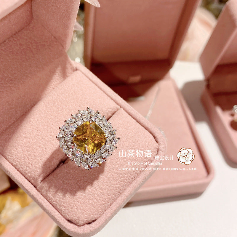 Camellia新款奢华彩宝套装 镶阿斯切金黄钻托帕蓝戒指耳钉吊坠女