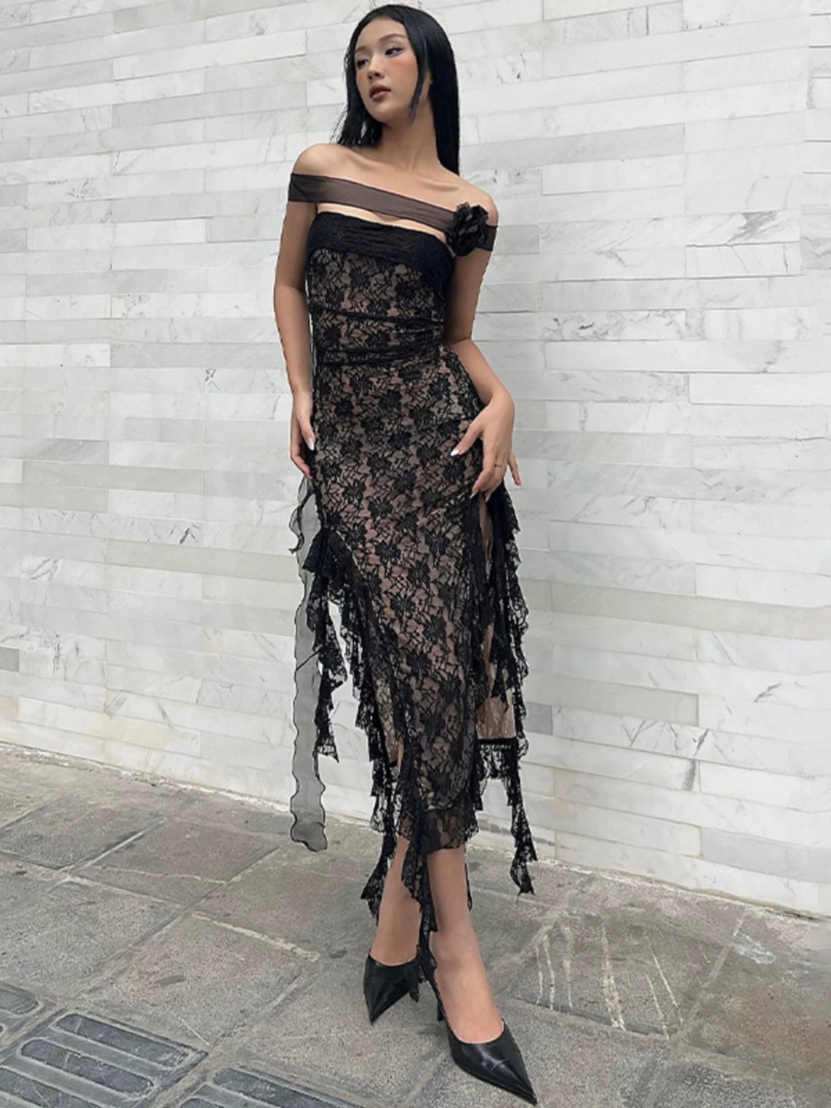Fashion women's wear Sexy Black Lace Tube Top Dress 2024 Spring and Summer New Hot Girl Slim Slimming Sheath Slit Midi Skirt