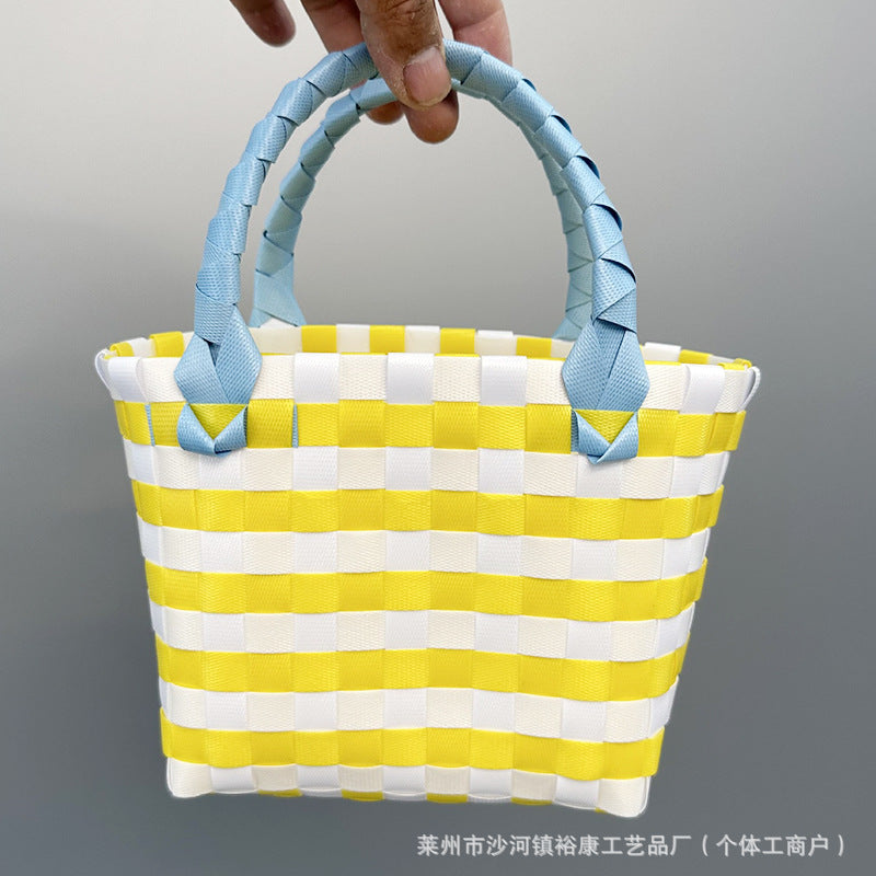 Dopamine Bag Free shipping Tattoo Cartoon dopamine plastic woven bag, trendy macaron hand-woven vegetable basket bag, cute casual seaside beach bag