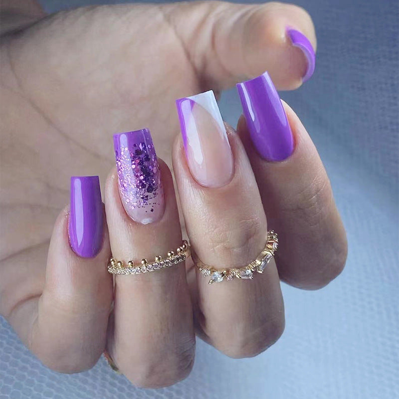 闪耀魅紫穿戴甲闪粉nails 法式跨境美甲片外贸假指甲长甲美甲贴片