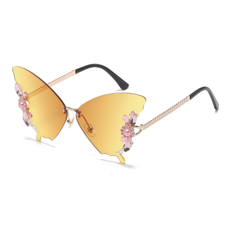 Women's fashion glasses 欧美跨境新款舞会蝴蝶形状镶钻无框太阳镜女夸张墨镜女圆脸大脸