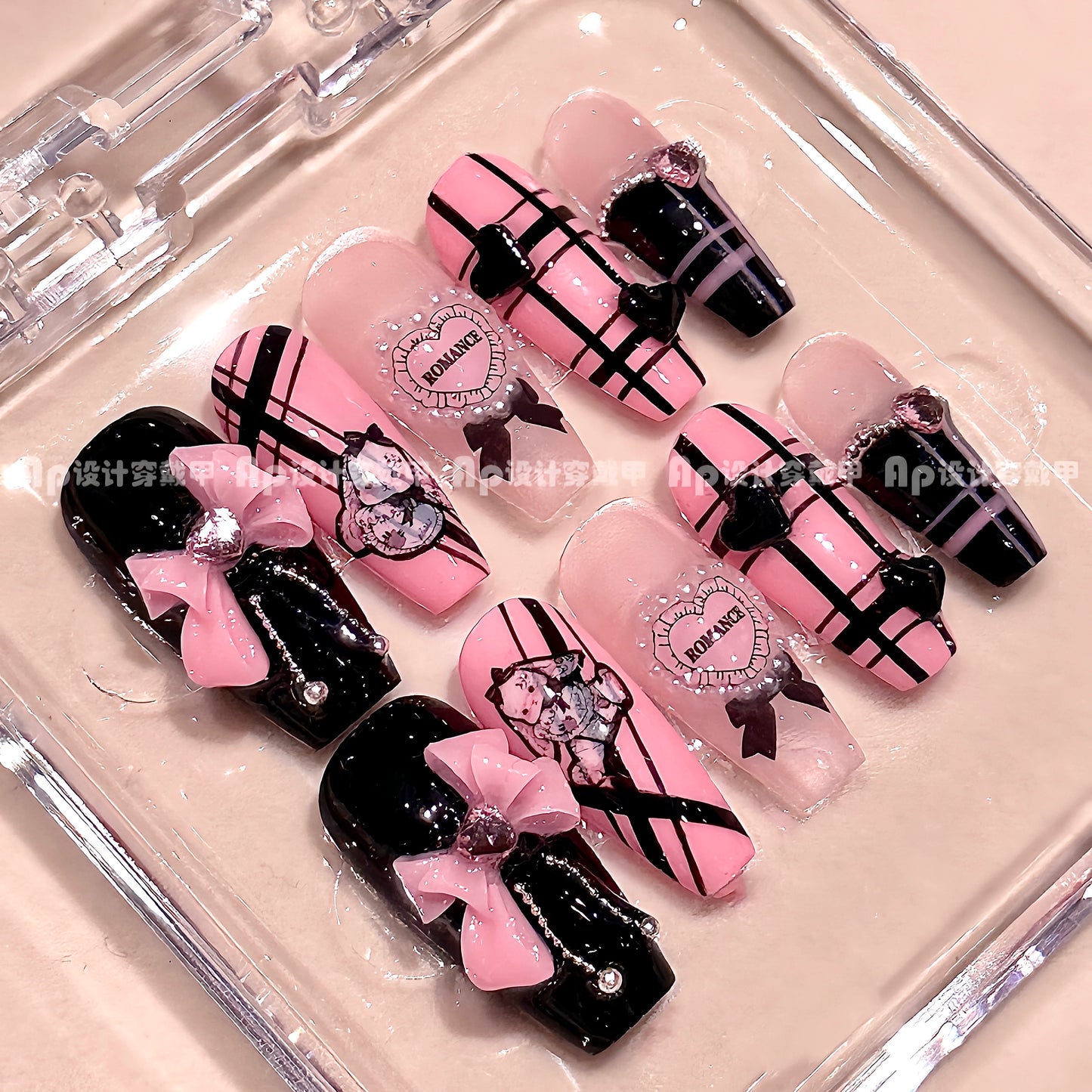 (Hand made nail) [Pure Love Talent] Ap Design Wearing Nail Handmade Black Pink Sweet Cool Ins Cute Sweet Girl Whitening Detachable