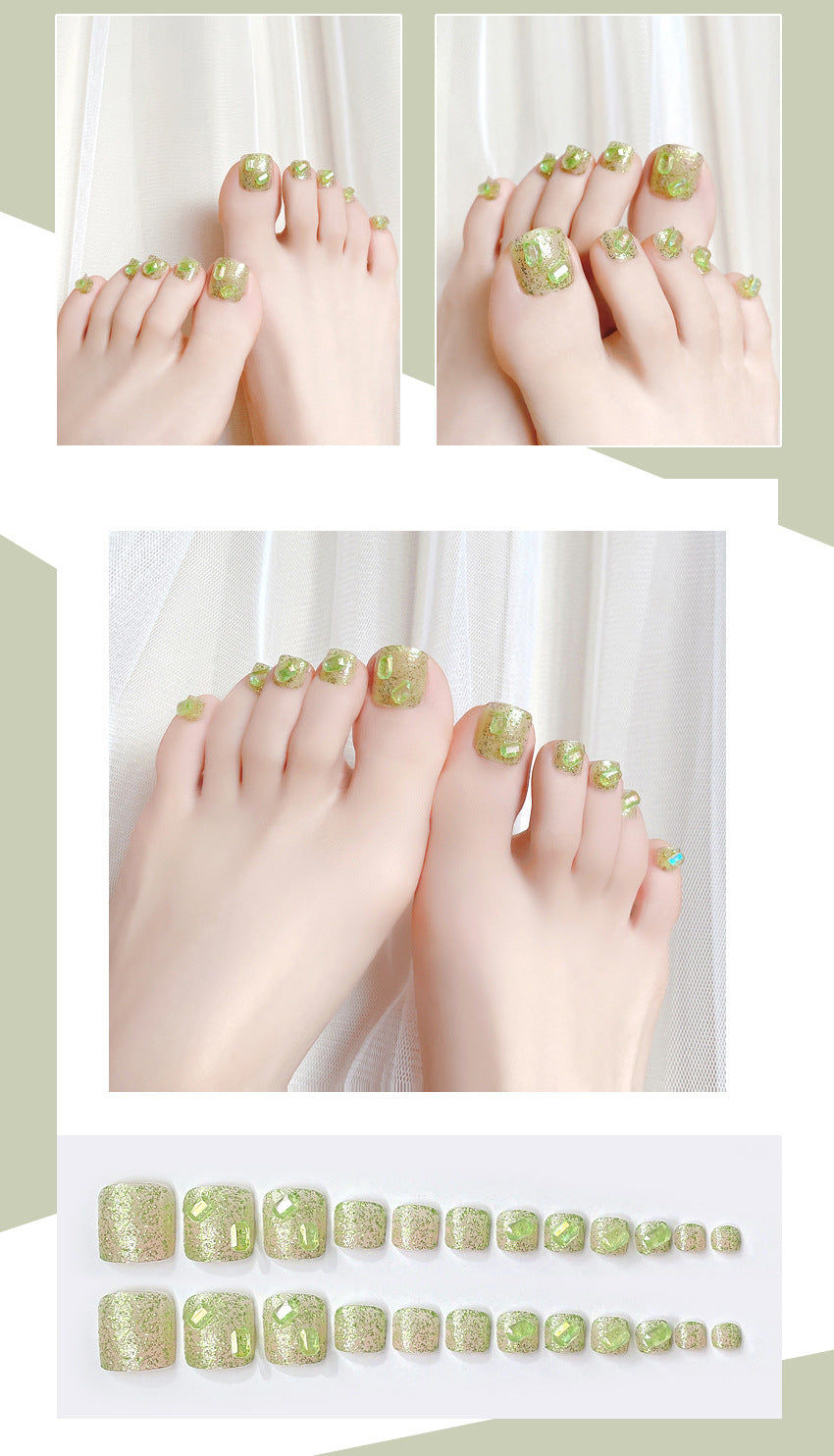Fashion  nail Wear Feet Nail Sticker Nail Stickers Feet Nail Sticker Removable Green Cube Sugar Diamond Fake Nails J108