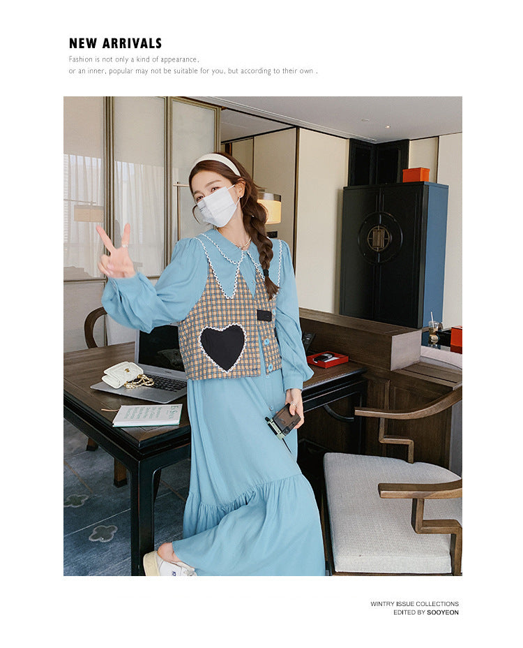 Fashion women's wear Real Shot Tea Series Ladies Long Sleeves Dress Women's Spring and Autumn French Style Gentle Cut Women's Wear Love Vest Suit Skirt