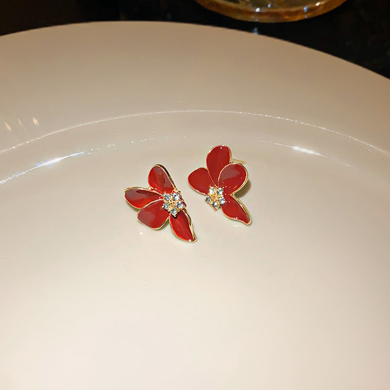 红色系真金电镀爱心豆豆耳环秋冬百搭高级感耳钉小众轻奢耳饰批发