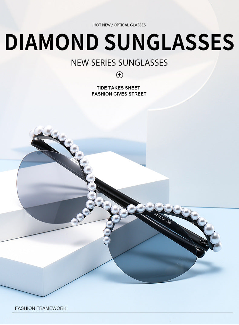 Women's fashion glasses 2023欧美异形框蜻蜓镶钻墨镜潮流水晶珍珠太阳眼镜户外防晒显瘦女