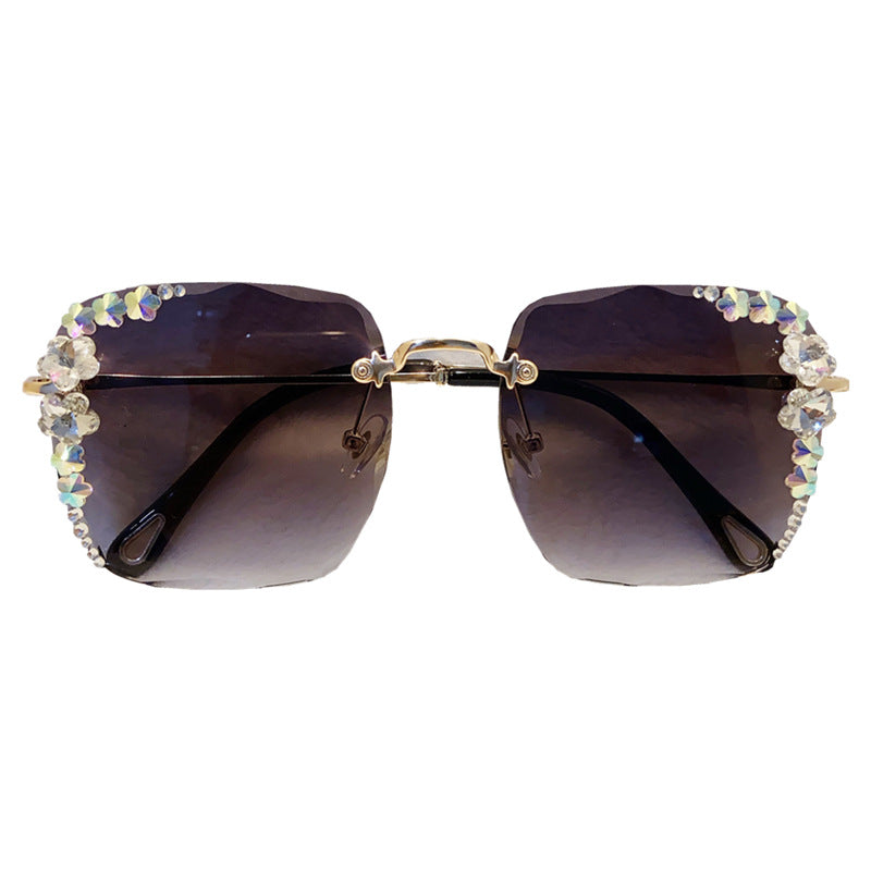Women's fashion glasses 定制加工韩版水钻太阳镜女防紫外线镶钻墨镜无框潮ins小香风眼镜