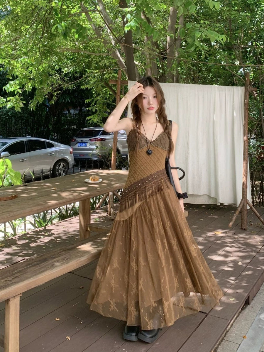 Fashion women's wear New Chinese Retro Heavy Industry Color Matching Sling Dress Female Spring 2024 New Holiday Slimming Elegant Long Dress