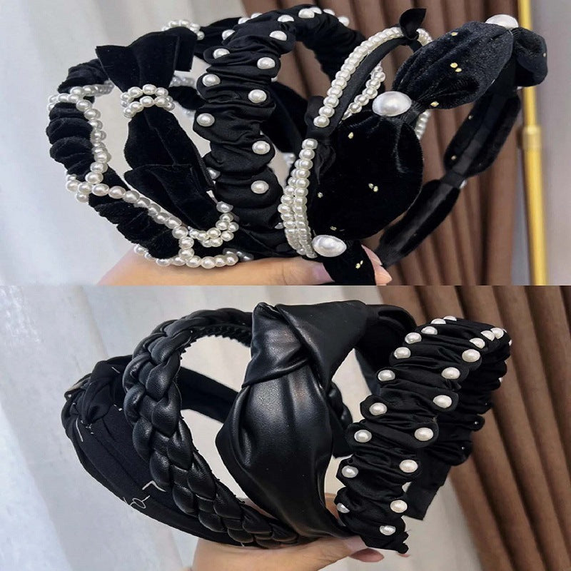 秋冬黑色珍珠蝴蝶结缎面发箍韩系高颅顶压发头箍高级感发饰品批发