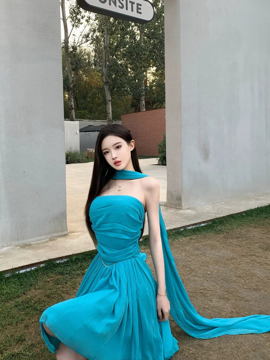 Fashion women's wear off-Shoulder Tube Top Hot Girl Waist Slimming Seaside Holiday Dress Summer Super Fairy Goddess Sanya Style Beach Dress