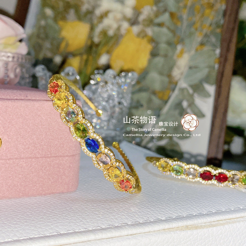Camellia斯里兰卡艳仿彩钻宝石手环 镀金镶彩虹锆石刚玉活口手镯