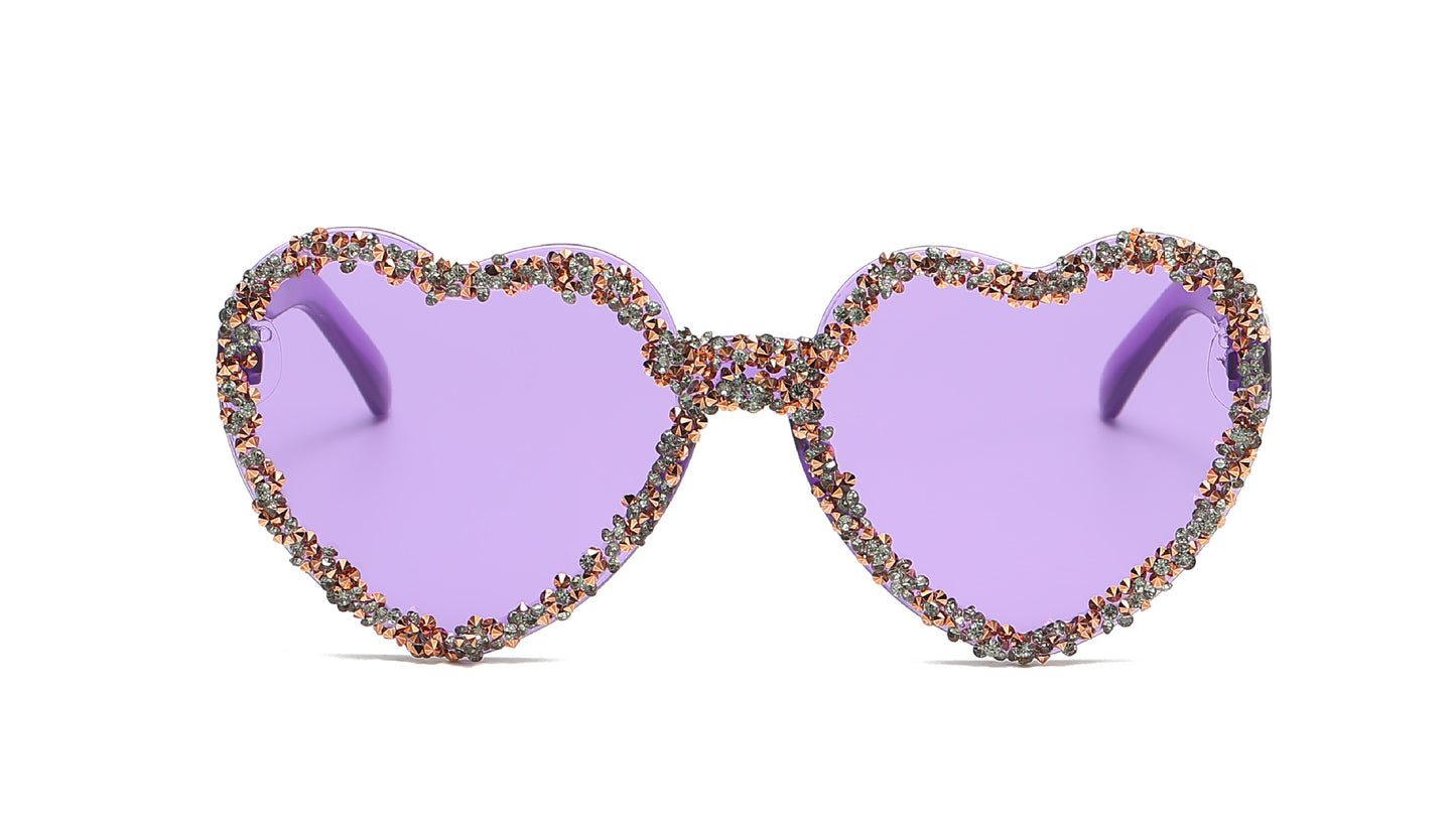 Women's fashion glasses 新款爱心连体镜片无框镶钻猫眼太阳镜跨境时尚女士墨镜桃心渐变色