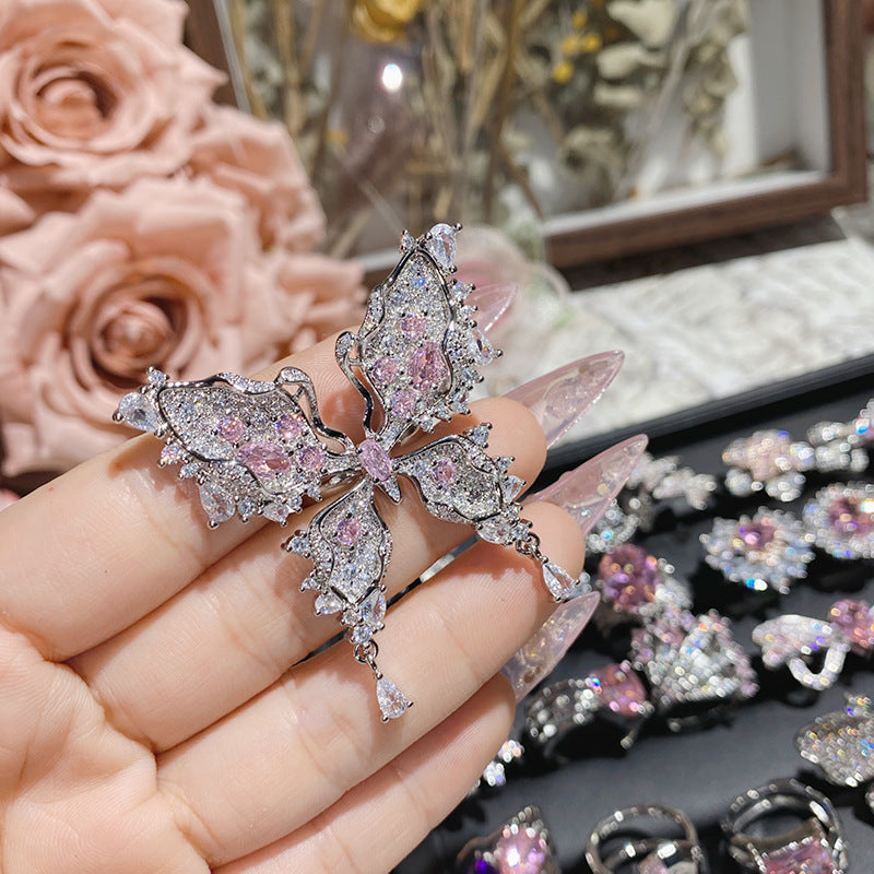 山茶璀璨粉色爱心轻奢公主戒指女 精工镀18K蝴蝶结阿斯切粉锆指环