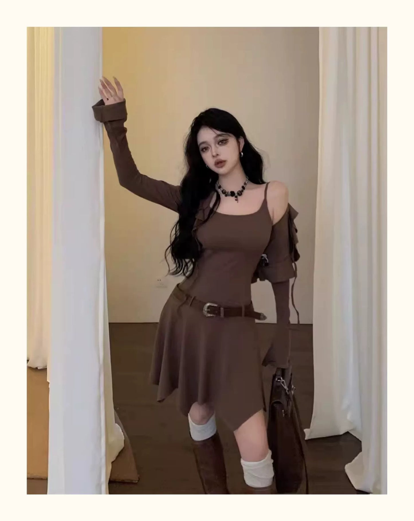 Fashion women's wear Brown Sleeveless Sling Dress Women's Summer Hot Girl Fitted Waist Pleated A- line Short Skirt Ruffled Cardigan Two-Piece Set