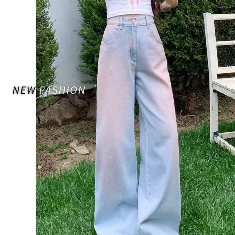 Free shipping Gradual change color design sense blush jeans women's summer dopamine loose and thin straight versatile high waist wide leg pants