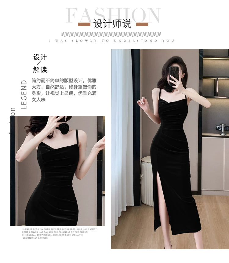 Fashion women's wear French Style Adult Lady like Woman Pleuche Spaghetti-Strap Dress Women's High-Grade Red Evening Dress 2024 Spring Women's Clothes Long Dress