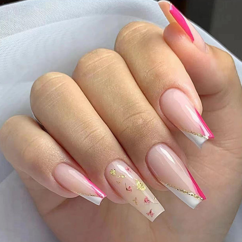 金箔花朵穿戴甲法式nails 裸色跨境美甲片外贸假指甲长甲美甲贴片