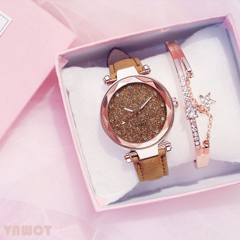 Fashion women's watchForeign Trade Popular Style Silver Pink Rhinestone Face Women's Watch Frosted Leather Watch Strap Women's Casual Trend Two-Piece Set Wrist Watch
