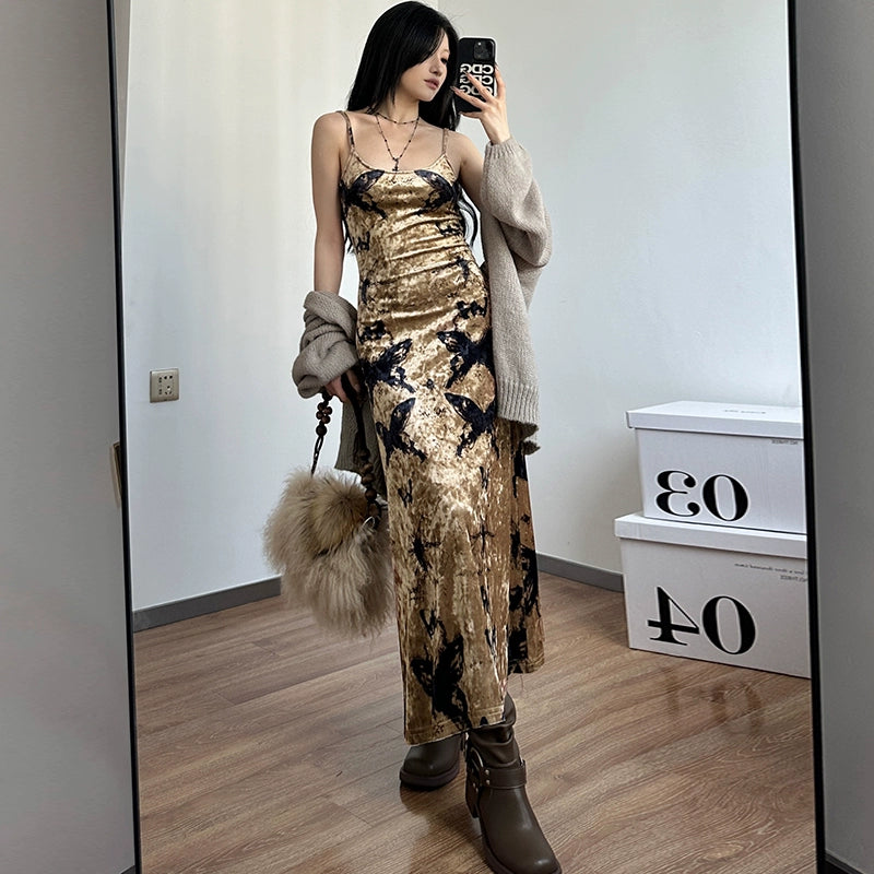 Fashion women's wear Wilderness Butterfly Printing Slip Dress 2024 Autumn New Hot Girl Sexy Slim Fit Slimming Sheath Dress