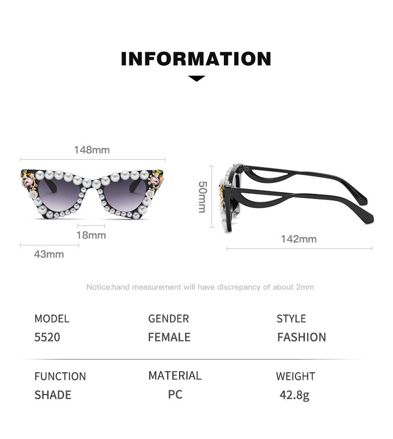 Women's fashion glasses 跨境镶珍珠太阳镜大框架舞会镶钻墨镜女沙滩太阳镜沙雕拍照眼镜