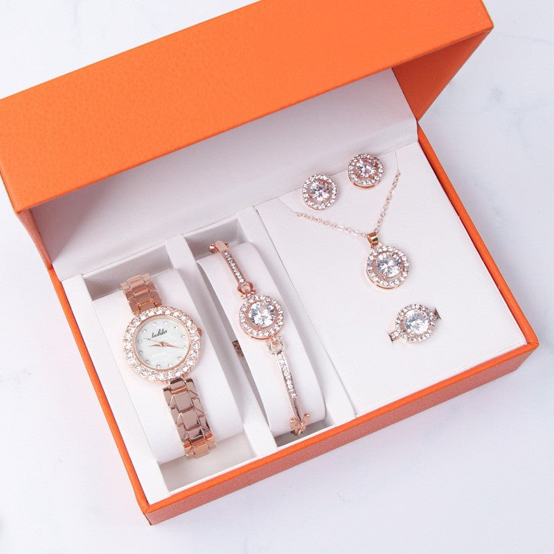 Fashion women's watchLushika New Ladies Watch Five-Piece Set Tik Tok Live Stream Diamond-Embedded Fashion Trend Quartz Watch Watch Suit