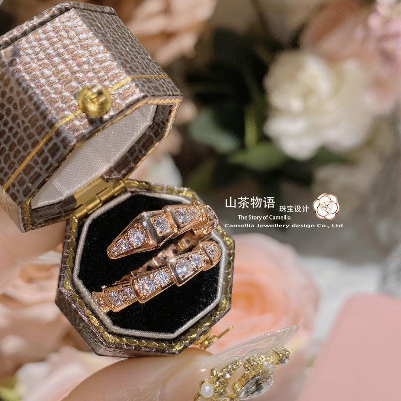 Camellia轻奢满钻设计镀750小蛇形戒指 镶钻开口蛇骨百搭潮女指环