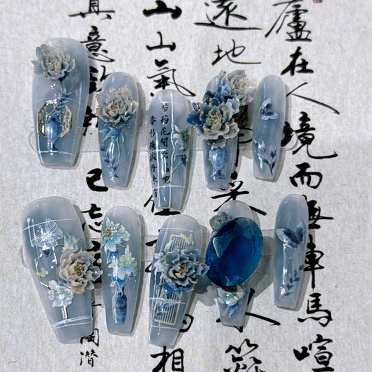Handmade Wear Nail Cold Chinese Style Blue and White Porcelain Ink Elegant Nail Nail Stickers