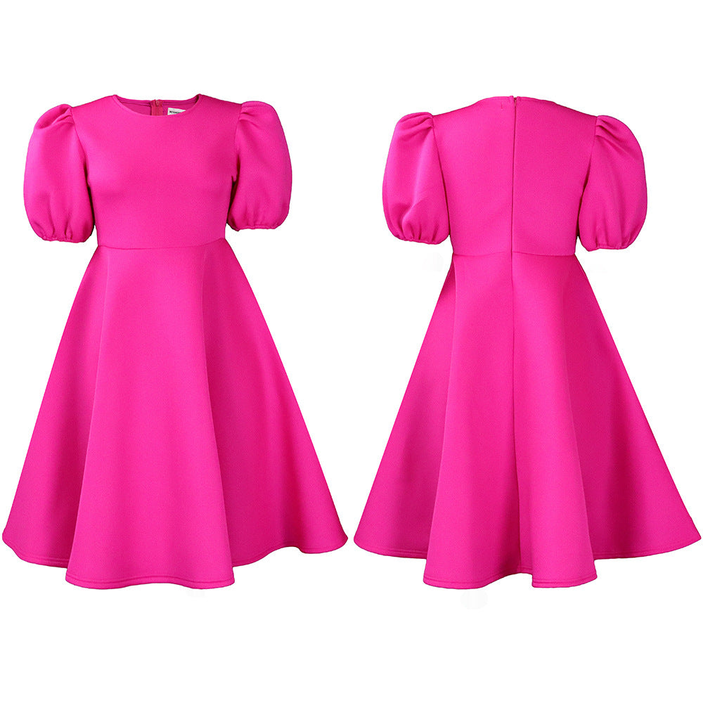 Fashion women's wear Cross-Border European and American Amazon Summer round Neck Graceful Puff Sleeve Waist-Controlled Large Hem Elegant A- line Foreign Trade Dress