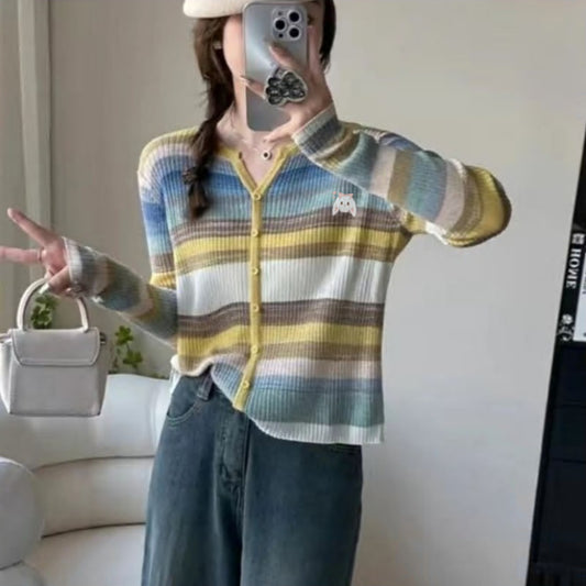 Dopamine tops Free shipping Tattoo Early autumn new striped versatile contrasting colors rainbow dopamine wear long-sleeved V-neck knitted sweater women