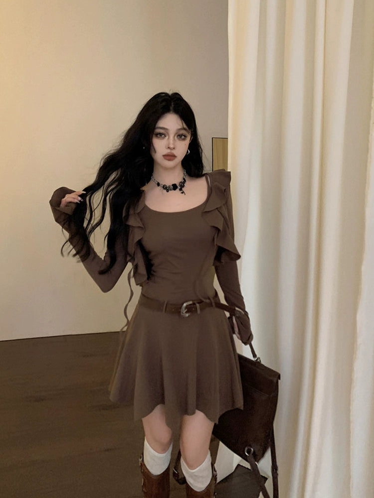 Fashion women's wear Brown Sleeveless Sling Dress Women's Summer Hot Girl Fitted Waist Pleated A- line Short Skirt Ruffled Cardigan Two-Piece Set