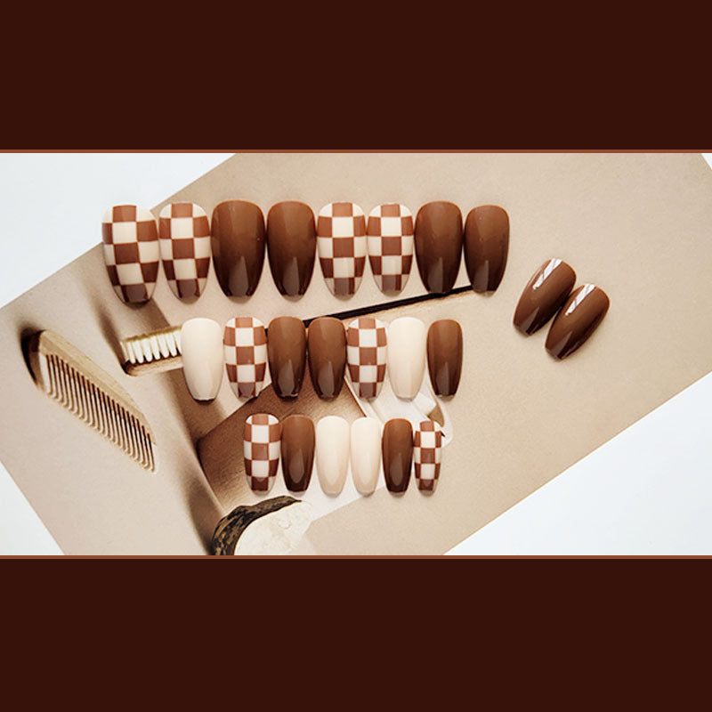 奶咖棋盘格穿戴甲美甲贴片可拆卸指甲贴片假指甲穿戴美甲成品甲片