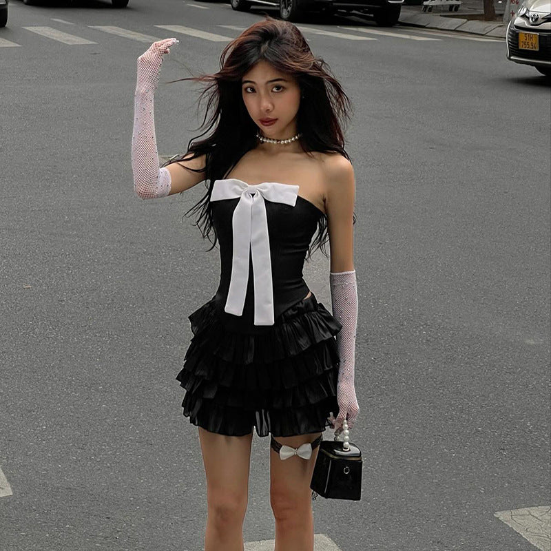 Fashion women's wear Q23tp722  Hot Girl Contrast Color Bow Three-Dimensional Decoration Fishbone Tube Top Women's All-Match Date New