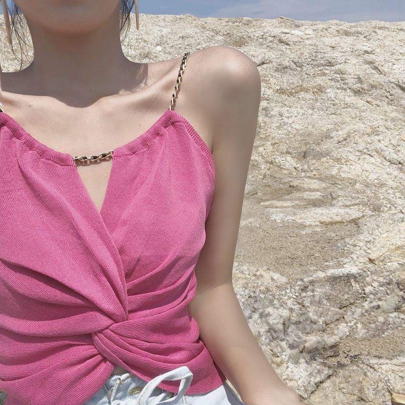 Free shipping  sexy high waist short open button top versatile metal chain tube top bottoming shirt tops