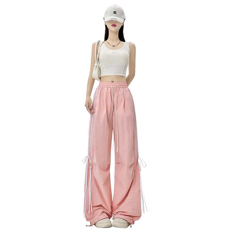Dopamine pants Free shipping Tattoo American dopamine parachute overalls women's summer bow streamer dancing pants wide-leg ice silk quick-drying pants