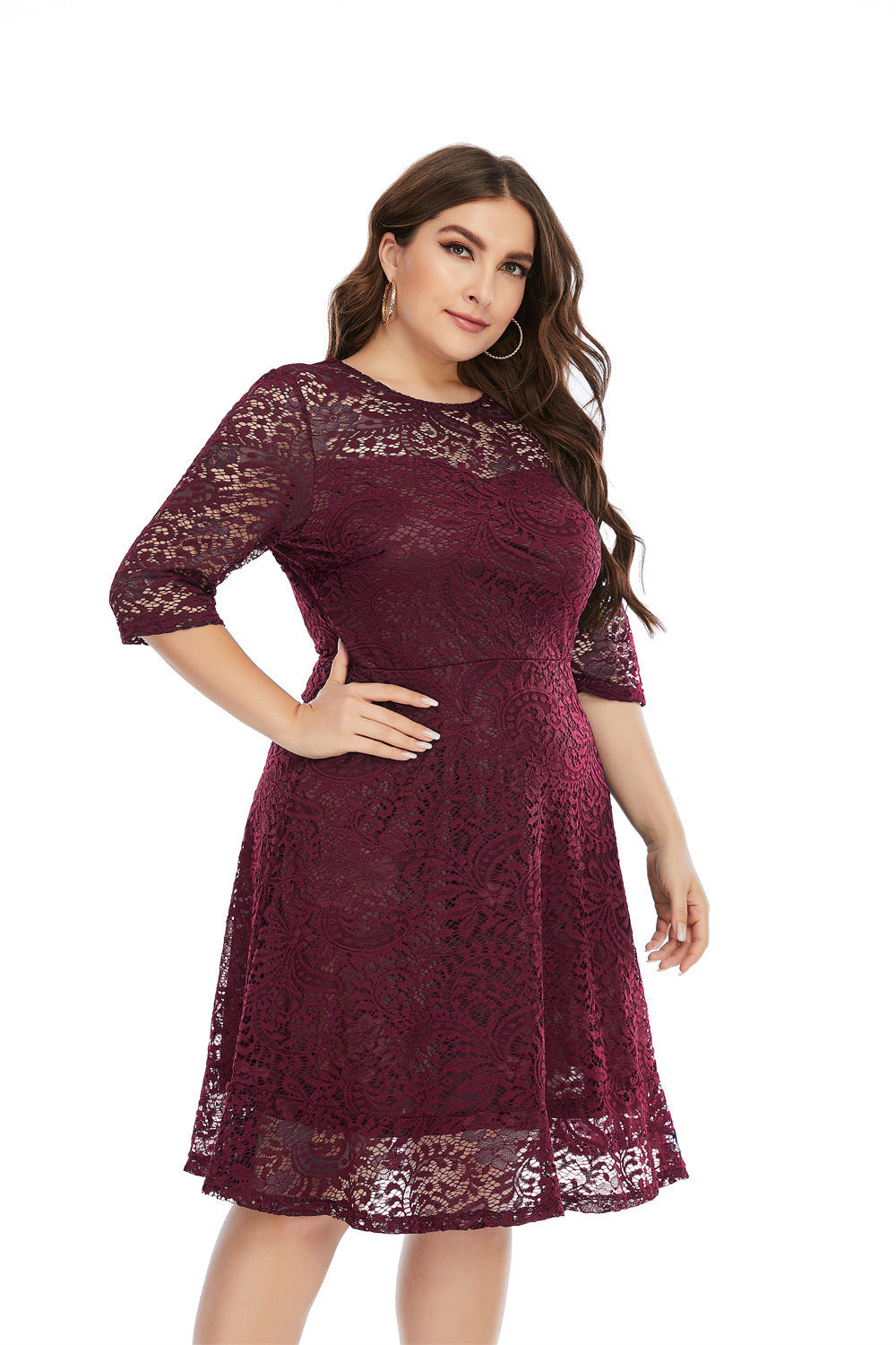 Fashion women's wear 2024   plus Size Women's Clothes round Neck Lace Mid-Length Formal Dress Dress Sq0156