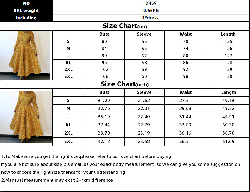 Fashion women's wear D469 Cross-Border New Arrival Women's round Neck Long Sleeve Pure Color Sequins High Waist Temperament Mid-Length Formal Dress European and American Style Dress