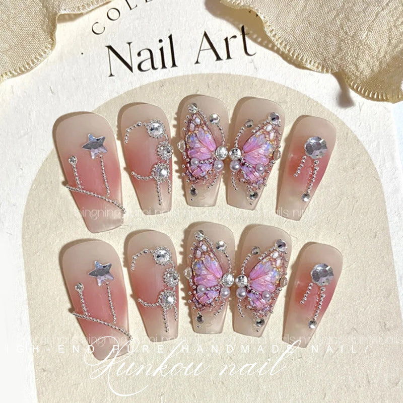 (Hand-Made Nail) Painted Pink Three-Dimensional Gradient Butterfly Handmade Wear Armor Finished Detachable Flash Aurora Diamond in the Debris Bride