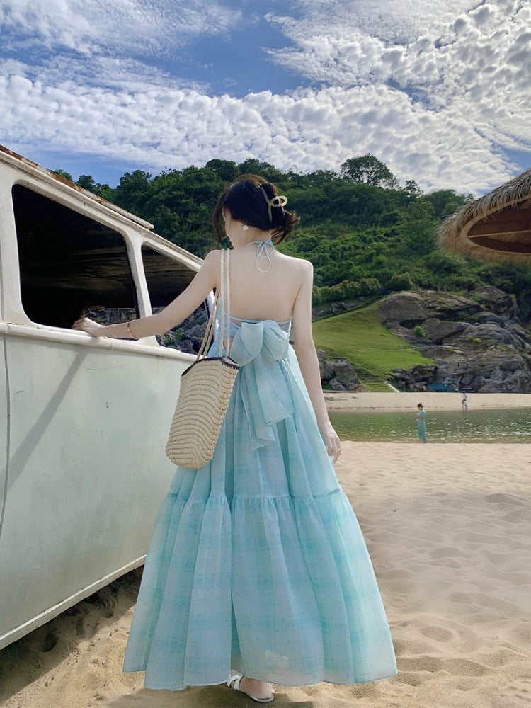 Fashion women's wear Tea Break French Blue Halter Spaghetti Straps Dress Women's Elegant Backless Seaside Holiday Beach Dress Long Skirt