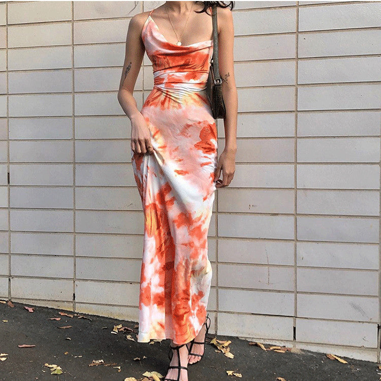 Fashion women's wear Tie-Dye Printed Sexy Back Cross Strap Mid-Length Sling Dress