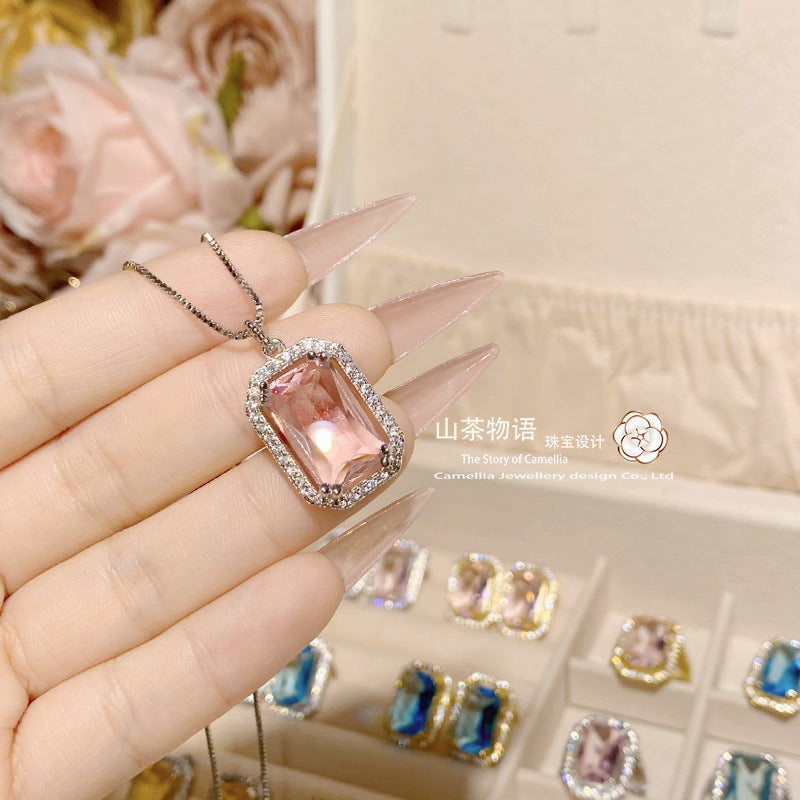 Camellia设计师仿蓝宝石套装 镀金彩宝浅海蓝水晶清澈百搭戒指女