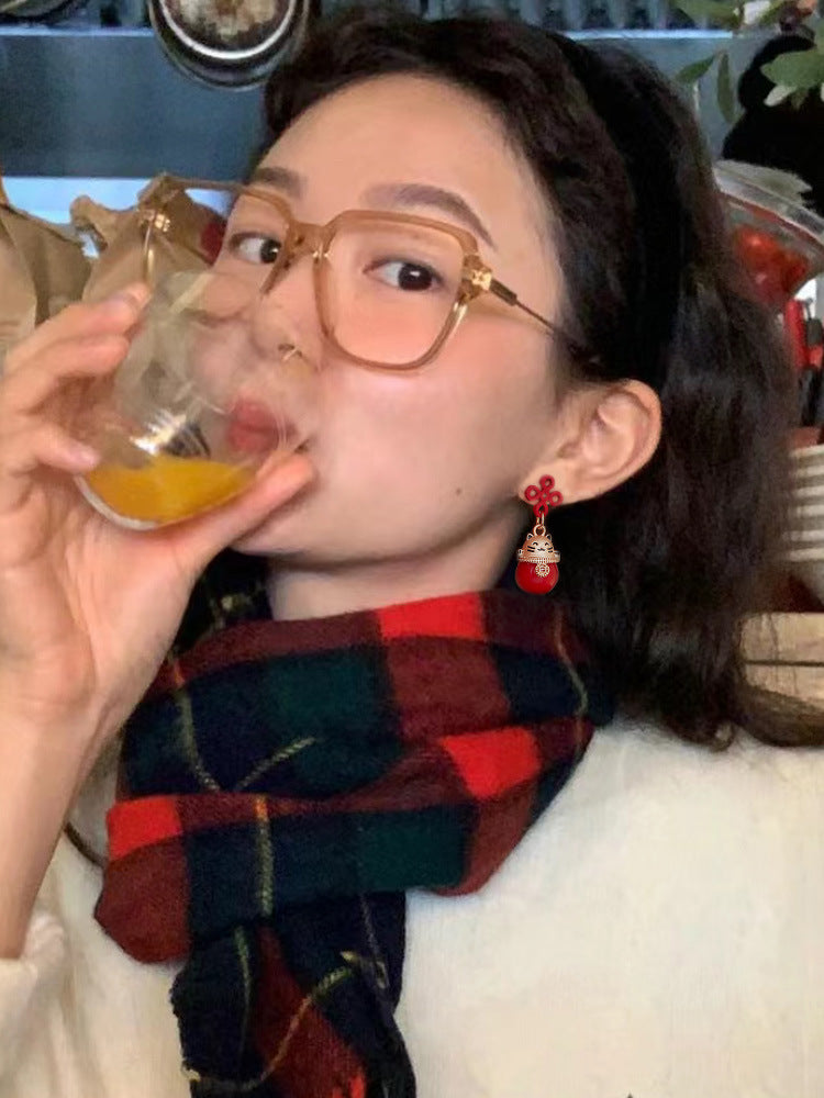 银针珍珠发财招财猫耳环新中式过年气质耳钉国潮小众百搭耳饰批发