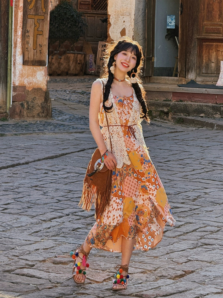 Dopamine dress Free shipping Tattoo Printed Suspender Dress Female Sweet Mori Vest Shawl Pastoral Summer Dopamine Seaside Dress