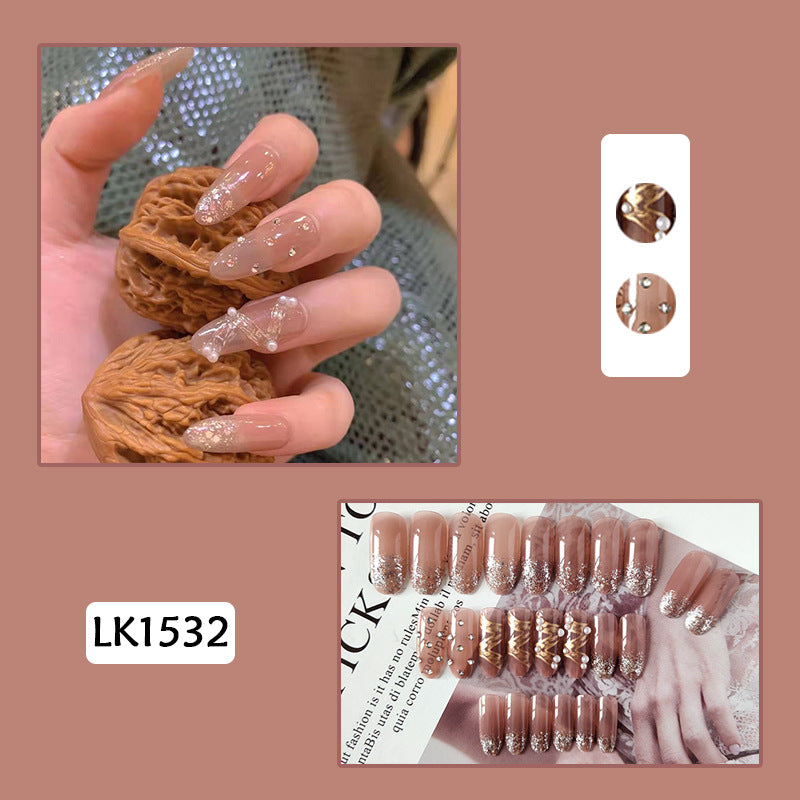 芭蕾丝带珍珠闪粉透色美甲贴片带钻穿戴甲假指甲美甲成品指甲贴片