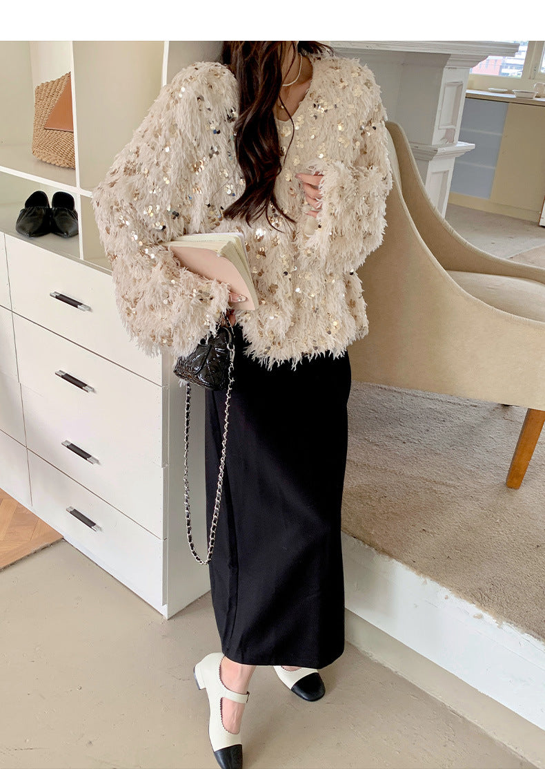 Fashion women's wear Real Shot Shiny Annual Meeting Festival Atmosphere Handmade Sequined Feather V-neck Sweater Spring Inner Wear Sweet Dress