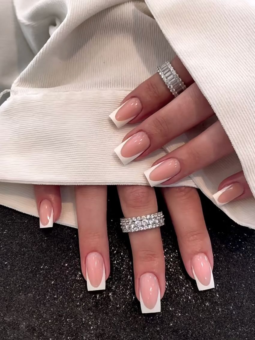 Fashion  nail European and American Simple White French Sweet Pink Ins Style European Square Wear Armor Fake Nail Patch Wholesale W14